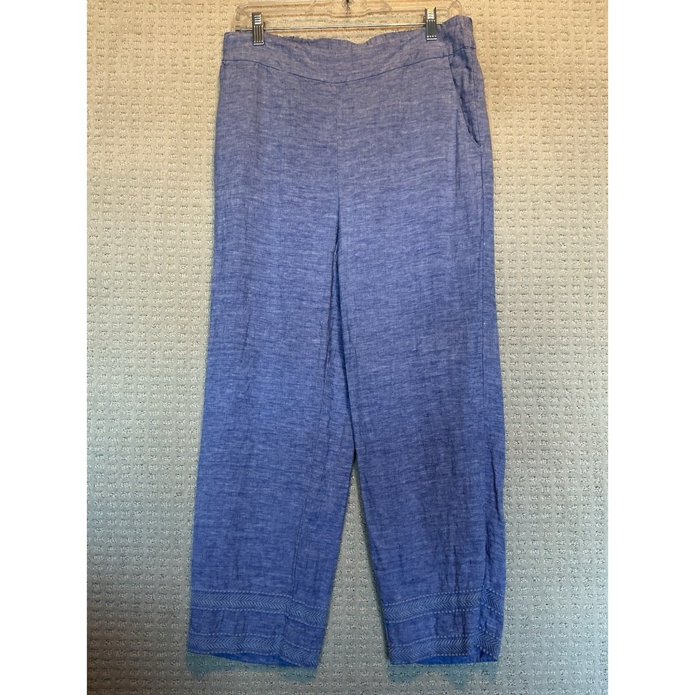 Chicos Light Blue Linen Cropped‎ Pants 6 31x24 Embroidered Resort Summer